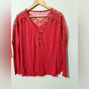 Free People Lola Lace Trim V-Neck Top Sz Small